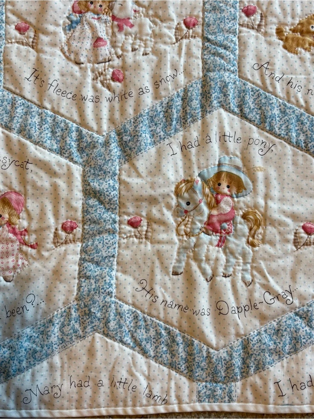 Vintage Nursery Rhyme Handmade White Light Blue Hexagon Patchwork Baby Quilt